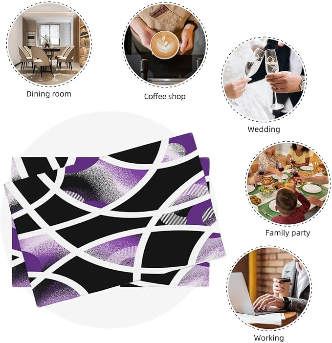 Modern Geometric Abstract Purple Placemats Set of 4, Linen Durable Non-Slip Heat-Resistant Washable Black White Purple Patterned Place Mats for Dining Table, Kitchen, Party, Kitchen Table Mats Decor