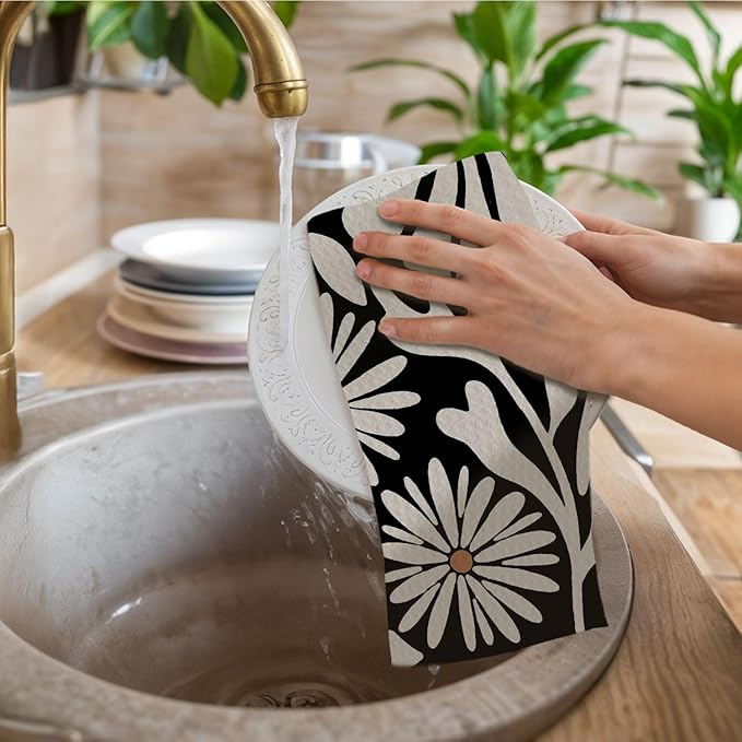 Abstract Boho Beige and Black Floral Kitchen Towels, Groovy 70s Retro Botanical Dish Towels Drying Cloth for Kitchen, Mid Century Modern Flower Hand Towels for Bathroom, 16x24 Inch Set of 2