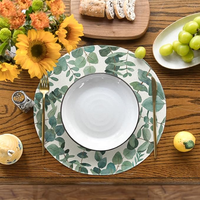 Artoid Mode Eucalyptus Leaves Summer Round Placemats Set of 4, 14 Inch Summer Round Table Mats for Dining Decoration