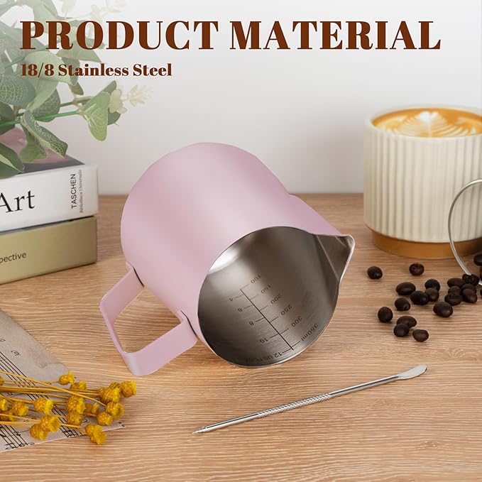 Amrules Milk Frothing Pitcher, 12 oz Milk Frother Cup with Clear Scale, 304 Stainless Steel Cappuccino Espresso Machine Accessories for Barista Coffee Bar with Latte Art Pen, Pink
