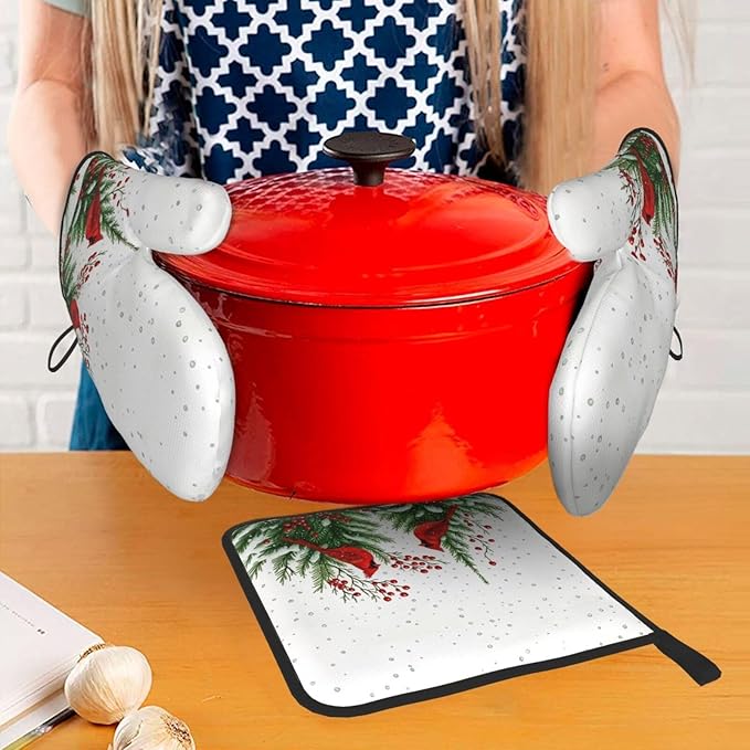 Red Cardinal Christmas Pot Holders and Oven Mitts Set, Christmas Holiday Oven Gloves Hot Pads for Baking Cooking Grilling BBQ, Cardinal Holiday Decor & Gifts for Women Baker Chef ﻿