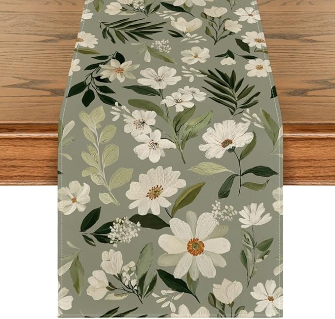 Artoid Mode Olive Green Daisy Flowers 210 GSM Spring Table Runner, Seasonal Summer Kitchen Dining Table Decoration for Home Party Decor 13x60 Inch