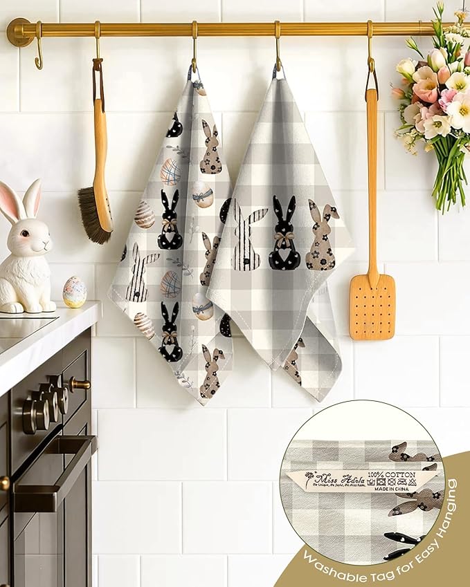 Miss Adola 2pcs Easter Kitchen Towels - Flour Sack Tea Towels Set of 2 with Hanging Loop 18x26 Inch Spring Bunny Eggs Beige Checkered Hand Dish Cloths Reusable Dishcloths Cute Easter Decor