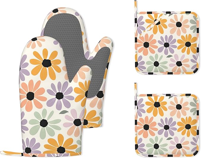 Abstract Retro Groovy Daisy Flower Heat-Resistant Silicone Oven Mitts and Pot Holder 4 Piece Set,Non-Slip Kitchen Oven Gloves for Baking, BBQ, Cooking,Grilling