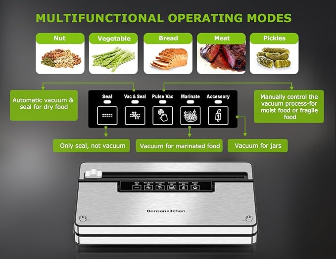 Bonsenkitchen Vacuum Sealer Machine, Stainless Steel Food Sealer Vacuum Sealers with 1 Roll & 5 Bags, 5 Food Vacuum Modes, Built-in Cutter & Bag Storage (Silver Black)