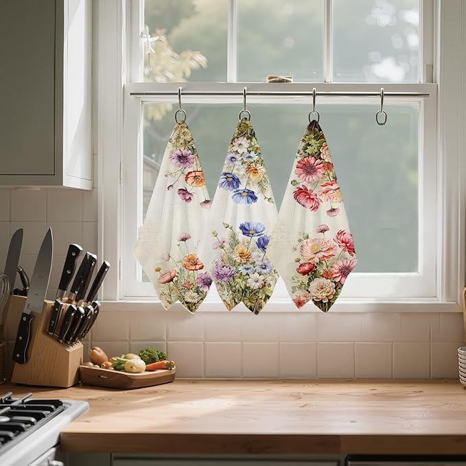 3 Pcs Vintage Floral Kitchen Towels, Vibrant Decorative Absorbent Microfiber Dish Cloth Tea Towel, Durable Waffle Hand Towels for Farmhouse Home Bathroom, Housewarming Gifts for Women