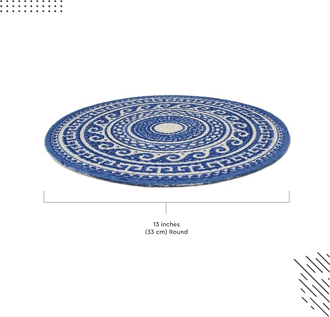 Encasa XO Dining Placemats Set of 4 | Cotton Round Table Mat - 13 in Diameter | Blue Mandala Print | Handmade Rib Style Chargers for Dinner Plates