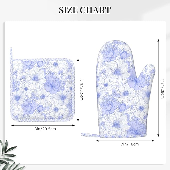 Oven Mitts and Pot Holders Pastel Blue Flower Vintage Silicone Kitchen Accessories Set of 2 Heat Resistant Long Gloves Potholder Non-Slip Grip for Chef Cooking,Baking,Grilling,BBQ