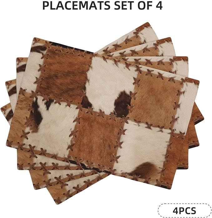 Cowhide Placemats Set of 4 Patchwork Cow Fur Print Linen Washable Placemat Kitchen Dining Heat-Resistant Farm Animal Place Mats Desktop Decor Western Cowboy Table Mats 12x18 Inch
