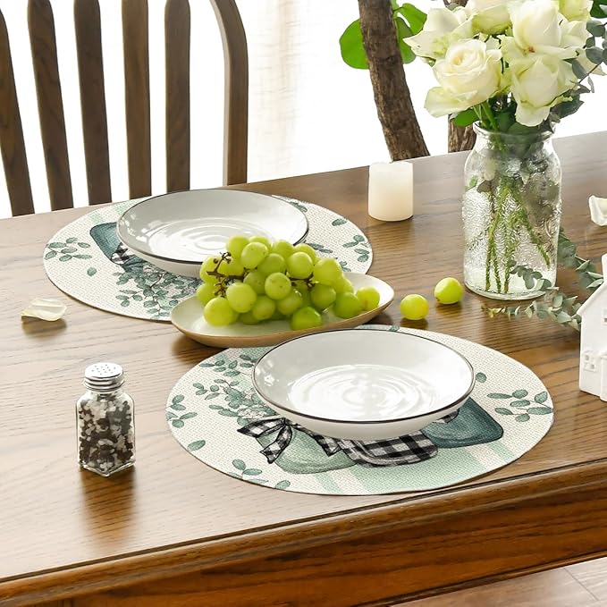 Artoid Mode Eucalyptus Buffalo Plaid Spring Placemats Set of 4, 14 Inch Round Vase Seasonal Table Mats for Party Kitchen Dining Decoration