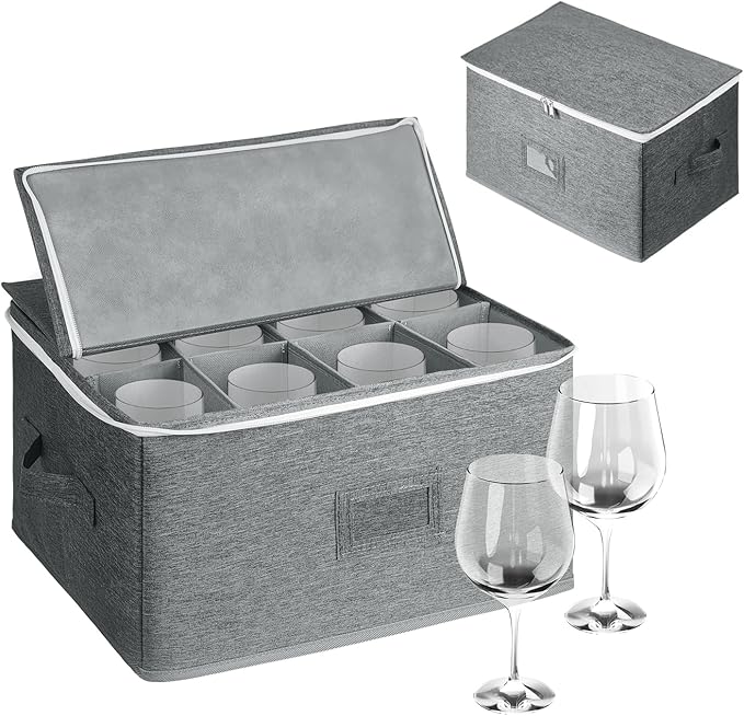 Wine Glass Storage Box for 12 Glasses - Stackable Stemware Organizer with Removable Dividers, Heavy-Duty Zippered Case & Handles | Dustproof Moving Box for Crystal, Champagne Flutes (Grey,)