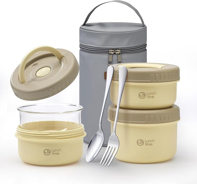 Portable Bento Box Adult Lunch Box Set, 3 Pcs Glass Lunch Container for Adults, 15 Oz+15 Oz+22 Oz Adult Lunchable Containers with Insulated Bag, Leak-Proof, Microwave Safe (Yellow (Glass Liner))