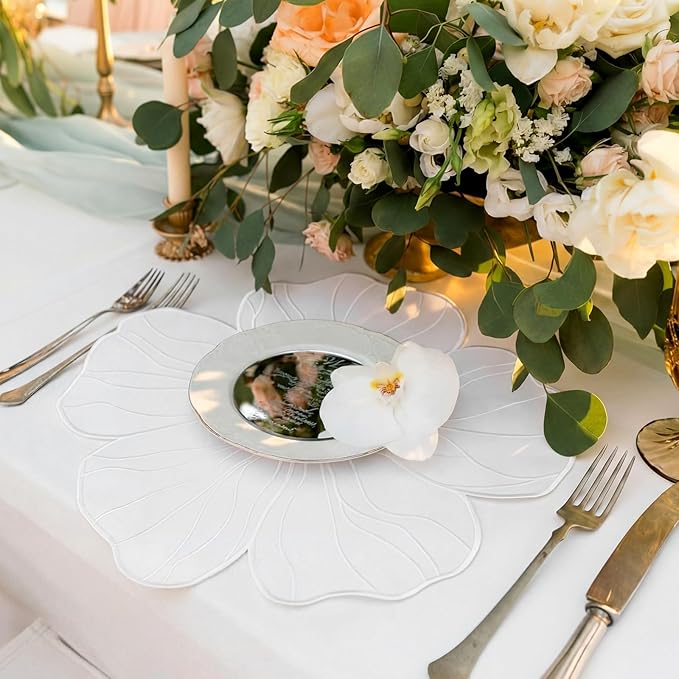 Moukeren Set of 6 Elegant Floral Placemat 16'' Flower Shaped Place Mat Flower Embroidery Table Mat for Wedding Bridal Shower Baby Shower Mother's Day Party Kitchen Dining Table Decor(White)