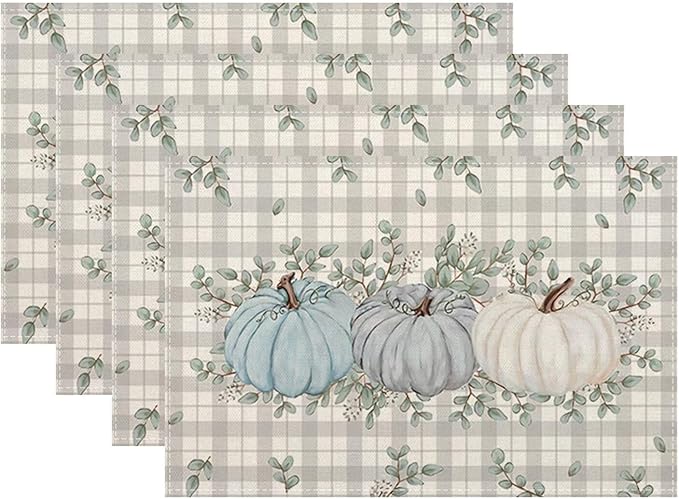 Fall Pumpkin Thanksgiving Placemats 12x18 Set of 4, Blue Pumpkin Buffalo Plaid Table Place Mat Autumn Watercolor Harvest Washable Table Mats Decorative Linen Fabric Table Mat for Dining Table