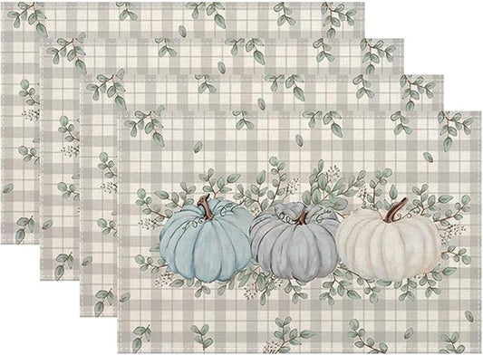 Fall Pumpkin Thanksgiving Placemats 12x18 Set of 4, Blue Pumpkin Buffalo Plaid Table Place Mat Autumn Watercolor Harvest Washable Table Mats Decorative Linen Fabric Table Mat for Dining Table