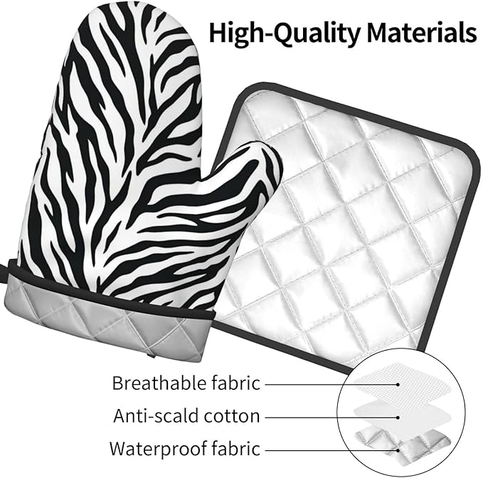 Zebra Stripe Oven Mitts and Pot Holders White Background Heat Resistant Oven Mitts Safe for Baking Cooking BBQ