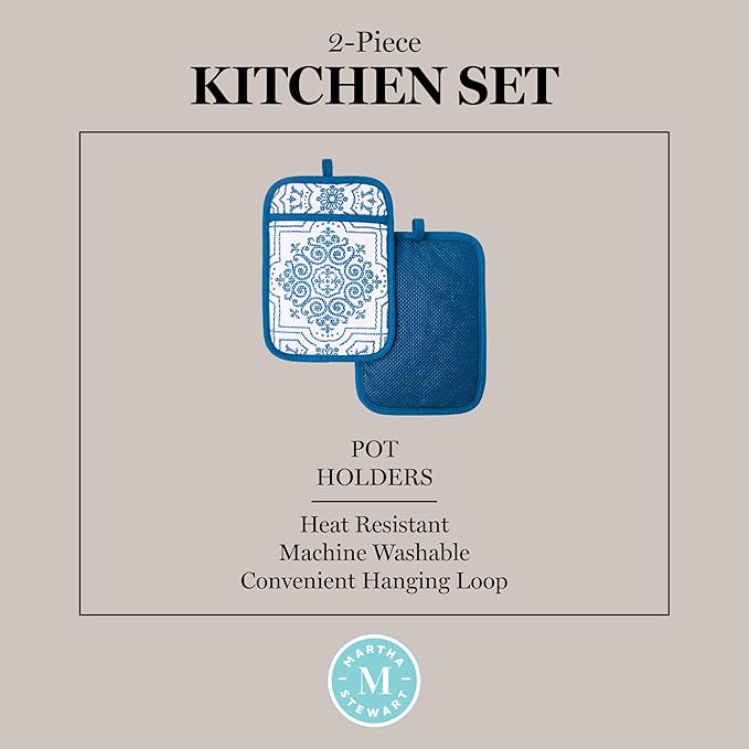 MARTHA STEWART Strie Medallion Pot Holder 2-Pack Set, Heat Resistant, Non-Slip Silicone Grip, Navy Blue, 7"x10"