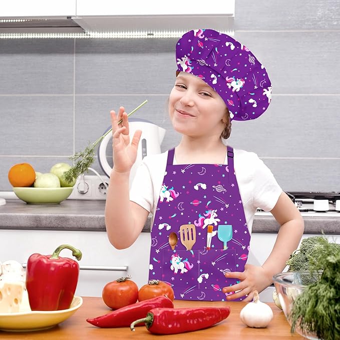 Kids Chef Hat and Apron, Adjustable Kids Aprons with Pocket Girls Boys Kitchen Toddler Aprons for Cooking Baking