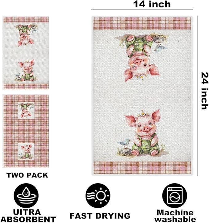 Jztco 2 Pcs Cute Pig Kitchen Towels, Plaid Pink Soft Absorbent Hand Tea Towel, Microfiber Dish Cloths for Drying Dishes, Waffle Dish Towels for Kitchen Bathroom Decor, Pig Gifts for Women Mom Grandma