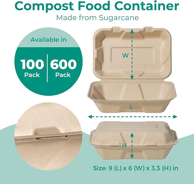 Fit Meal Prep 600 Pack 9x6 Compostable To Go Food Containers, Disposable To Go Boxes for Food, Clamshell Take Out Containers with lids, Eco Friendly Biodegradable, PFAS-Free, Bagasse, Microwave Safe