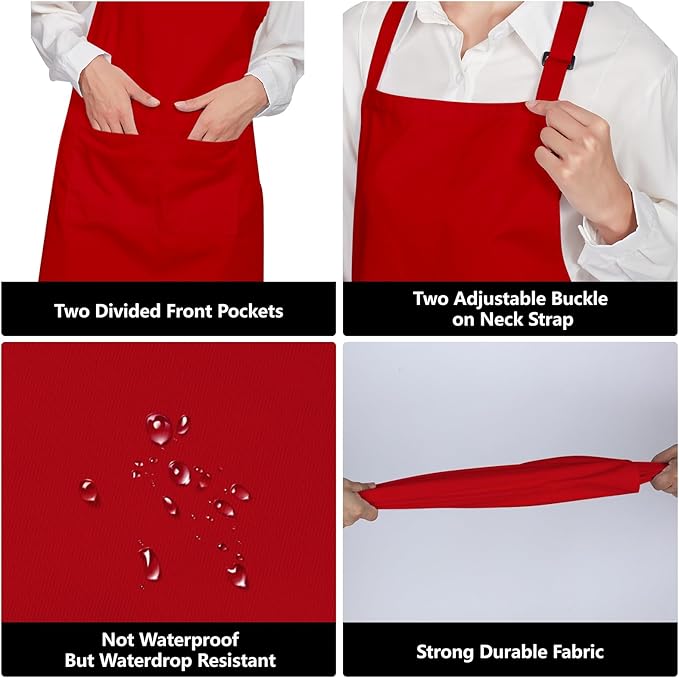 Jubatus 12 Pack 100% Cotton Aprons Bulk with 2 Pockets Cooking Chef Kitchen Adjustable Bib Apron for Women Men, Red