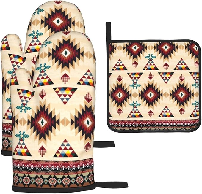 Southwestern Aztec Oven Mitts and Pot Holders Set of 3, Heat Resistant Non-Slip Navajo Pattern Oven Gloves with Hot Pad, Native American Boho Kitchen Decor Gloves for Chef Cooking Baking Grilling BBQ