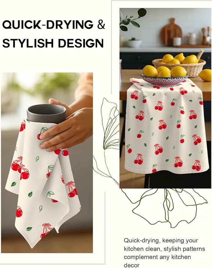 Miss Adola Flour Sack Kitchen Towels Set of 2-18x26 Cotton Dish Towels with Hanging Loop Reusable Tea Towel for Cleaning Spring Absorbent Dishcloths Cute Home Decor Housewarming, Bow Cherry