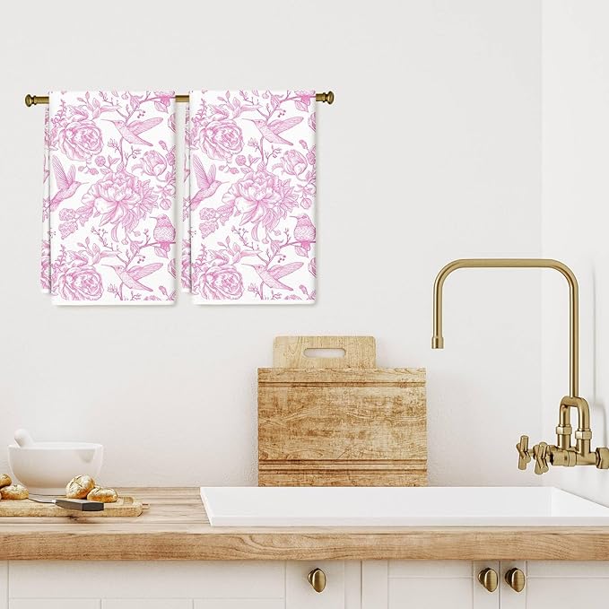 Pink Floral Kitchen Towel Flower Birds Dish Towel 18 x 28 Inch Hand Drying Tea Towel for Cooking Baking Party Supplies, 2Pcs