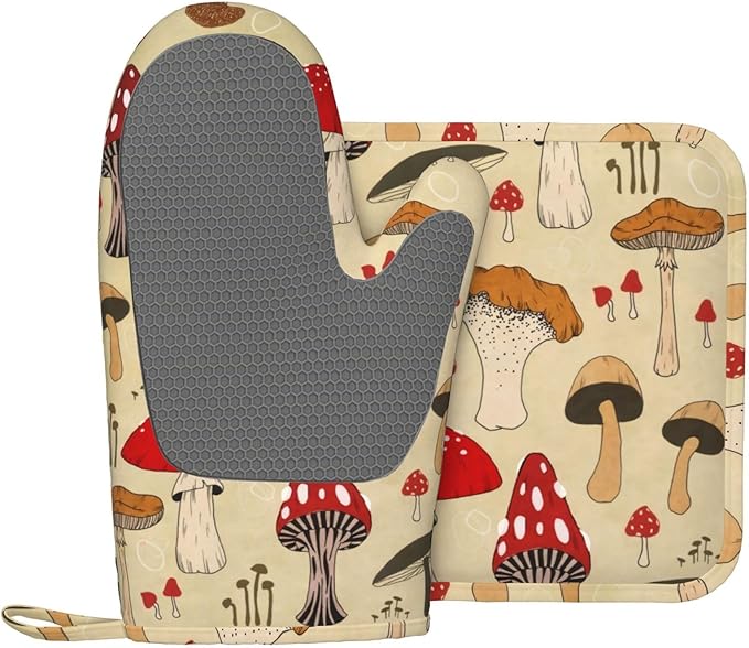 Vintage Mushroom Art Oven Mitts and Pot Holders Set of 2 Silicone Heat Resistant Oven Mitten Potholders Non Slip Gloves Kitchen Decor for BBQ Cooking Grilling Baking