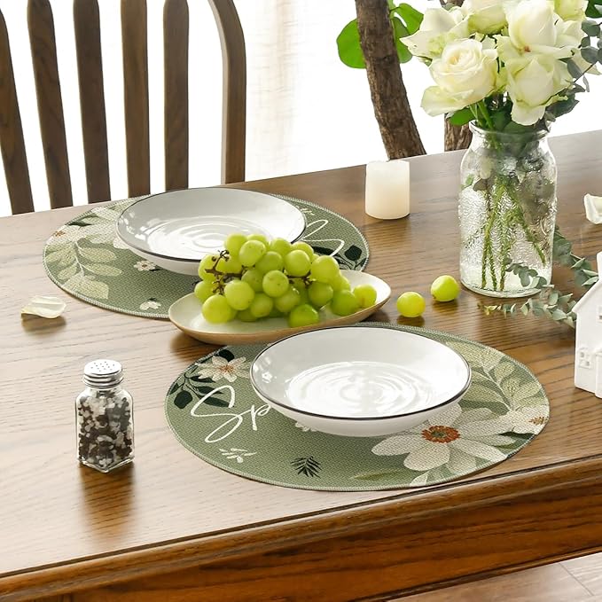 Artoid Mode Olive Green Hello Spring Daisy Round Spring Placemats Set of 4, 14 Inch Seasonal Holiday Table Mats for Party Kitchen Dining Decoration