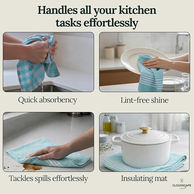 CLOUDSCAPE Kitchen Towels Set of 6 : Cotton-Blended Dish Cloths, Waffle Weave Quick-Drying Dish Towels for Easter Kitchen Accessories, Highly Absorbent, 18”x28” Hand Towels with Hanging Loop - Aqua