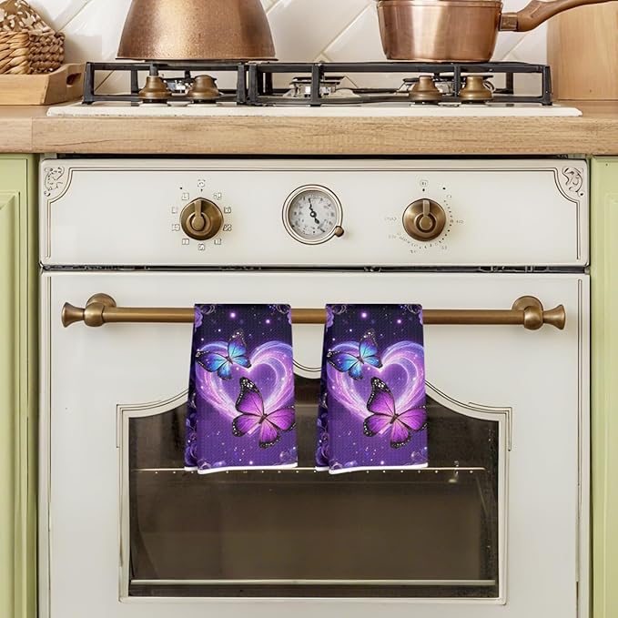 2 Pcs Purple Butterfly Kitchen Towels, Butterfly Soft Absorbent Tea Hand Towel, Waffle Dish Towels for Kitchen Bathroom Home Decor, Housewarming Gifts for Women Mom