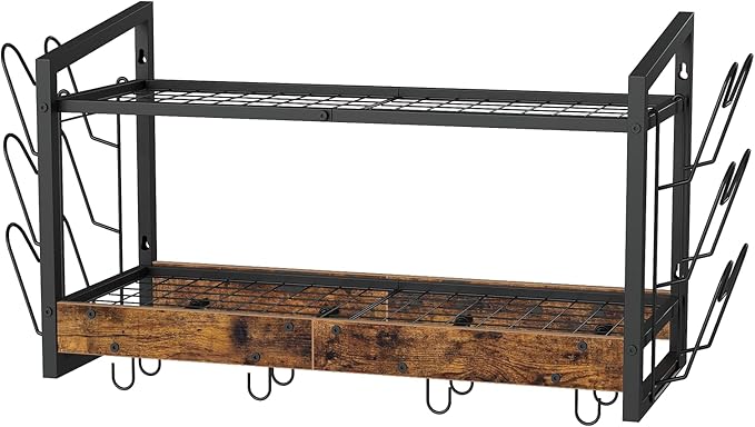 CHOEZON Hanging Pot Rack, Pot Rack Wall Mounted, 2-Tier Kitchen Pot and Lid Organizer, Wall-Mounted Pot Rack with 12 Hooks, for Kitchen Storage of Pots, Pans, Utensils, Rustic Brown TPR02BF