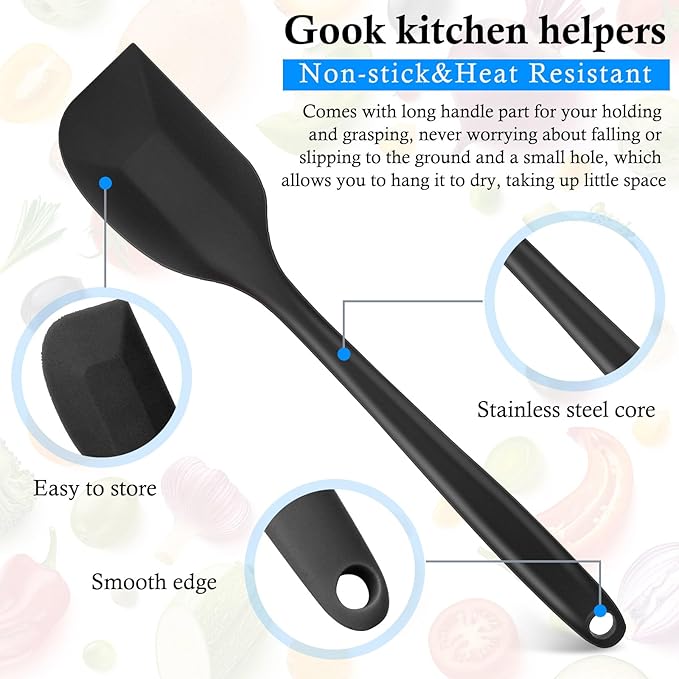 Shappy 4 Pieces Silicone Cooking Spoons 10.6 Inch Heat Resistant Kitchen Spoons for Mixing, Serving and Stirring Upgrade Large Non Stick Basting Utensils, Dishwasher Safe(Scrapers,Black)