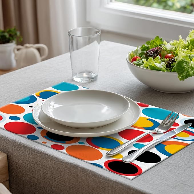 Batmerry Colorful Circles Placemats, Vibrant Circular Pattern Washable Linen Table Mats for Kitchen Table Double Insulation Decor Dining Set Indoor Outdoor 12X18 in Set of 6