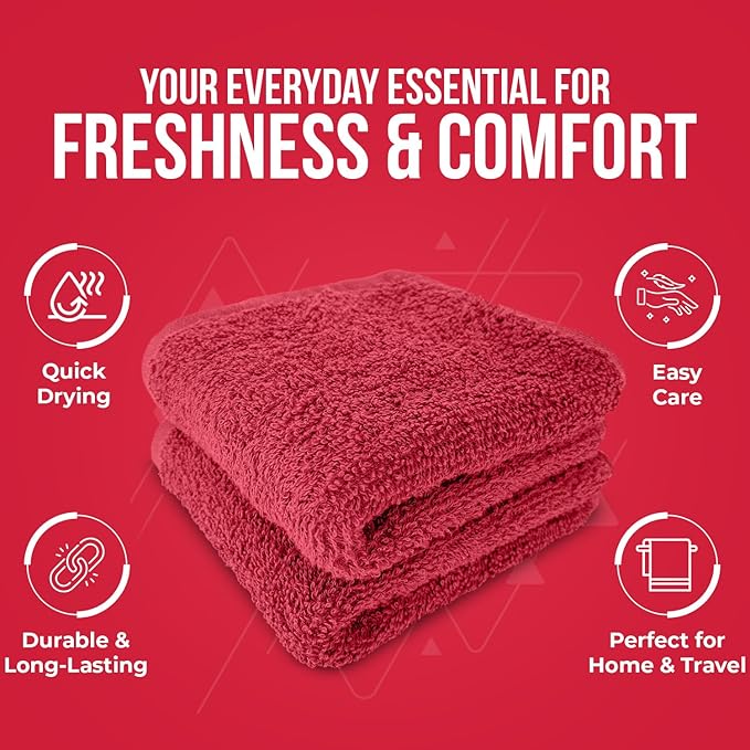 DAN RIVER 12 Pack Wash Cloths for Showering [12x12] - 100% Cotton Washcloths Premium Quality Flannel Face Cloths for Bathroom, Highly Absorbent and Soft Feel Wash Clothes, Red