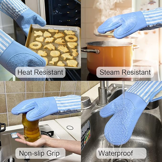 Alselo Silicone Oven Mitts Heat Resistant 932℉ with Waterproof & Non-Slip Kitchen Mittens, Set of 2 Extra Long Oven Gloves with Soft Cotton Terry Lining for Baking Cooking Barbecue (2, Blue Mitts)