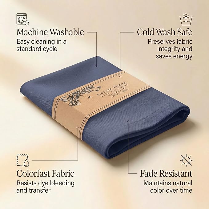 ACCENTHOME Accent Home 100% Cotton Napkins, Delicate Cloth Napkins for Dinners, Parties and Weddings，18 x 18 Inch Set of 12 - Navy