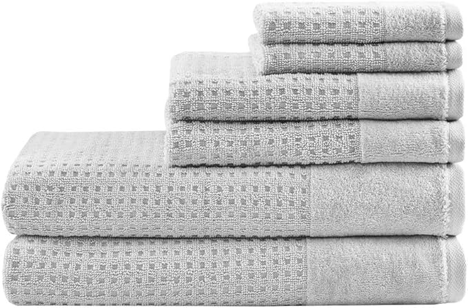 Madison Park Spa Waffle 100% Cotton Luxurious Towel Set, Premium Texture Waffle Weave, Highly Absorbent, Quick Dry, Hotel & Spa Quality Wash Clothes for Bathroom, Assorted Sizes, Grey 6 Piece