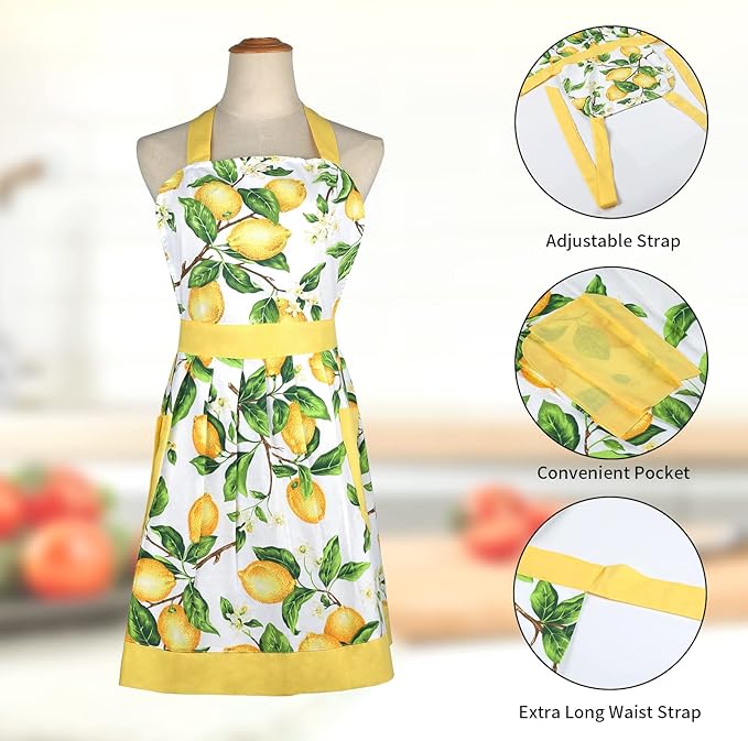 G2PLUS Thick Lemon Cotton Apron, Kitchen Apron for Women, Pleated Hemline Adjustable Cooking Apron with Pocket for Baking, Garden, Christmas