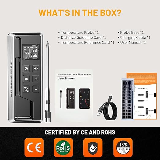 Wireless Meat Thermometer with Smart Timer & APP Control, 800ft Bluetooth Grill Food Thermometer - 0.19In-Ultra Thin Probe, ±0.5℉ Accuracy, Digital Backlit Screen for BBQ, Oven, Smoker, Kitchen