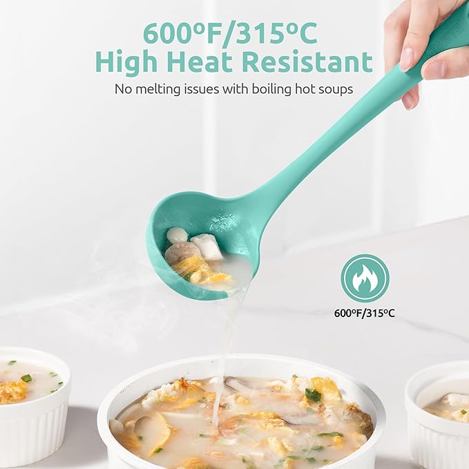 2.6oz Small Silicone Soup Ladle: U-Taste 600ºF Heat Resistant Non-Stick Kitchen Deep Serving Spoon, Soft Cooking Utensil with Non-Slip Solid Handle for Mixing Sauce Stew Gravy (11in, Aqua Sky)
