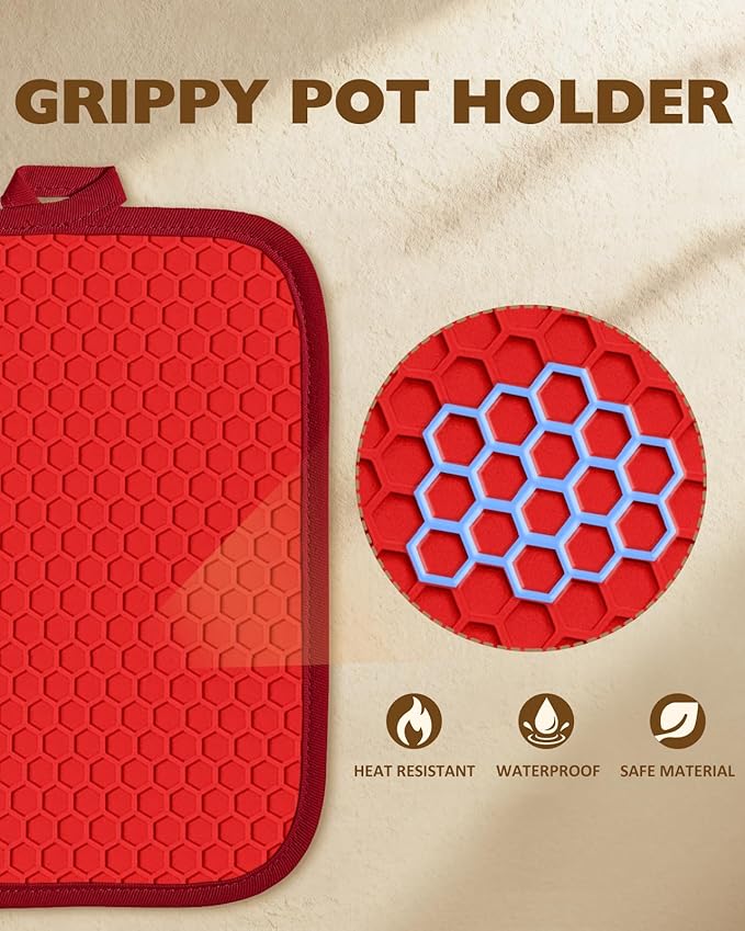 Slohif Silcone Christmas Pot Holders for Kitchen - 100% Cotton Red Cute Oven Potholders with Pockets, Heat Resistant Square Thick Hot Pads, House New Home Baking Baker Gifts,2pack