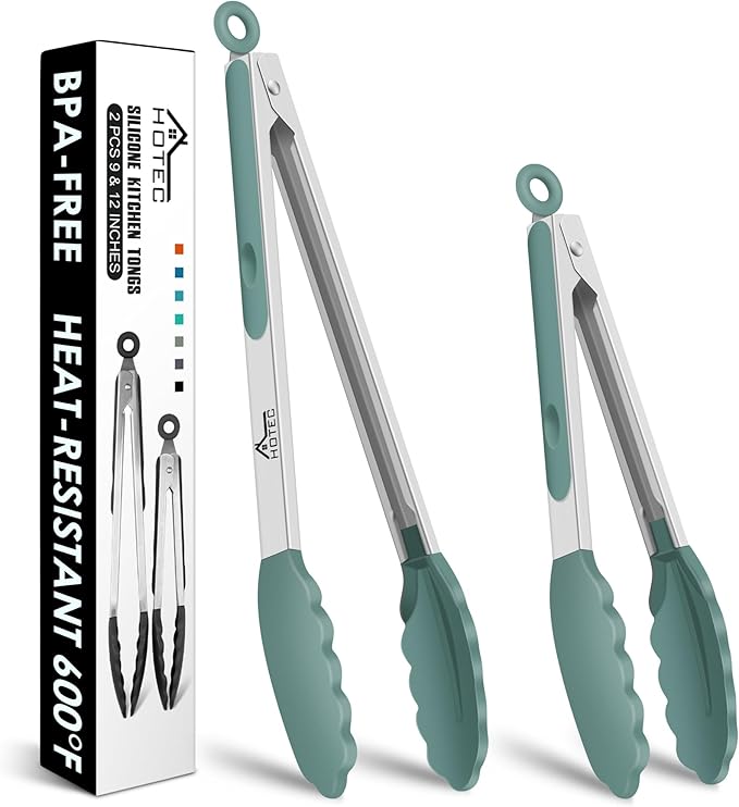 HOTEC Premium Stainless Steel Locking Kitchen Tongs with Silicon Tips, Set of 2-9" and 12",Sage Green