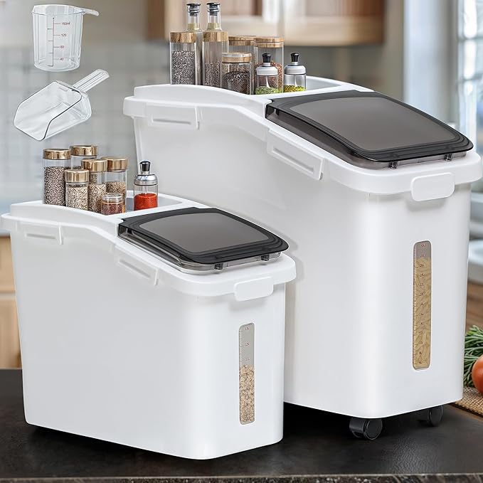 YITAHOME 65L/117lbs Large Ingredient Storage Bins, Commercial 11.4+5.8 Gal Rice Flour Storage Container, Organizer Storage Bin with Measuring Cup, Scoop and Wheels for Kitchen, White & Black Lid
