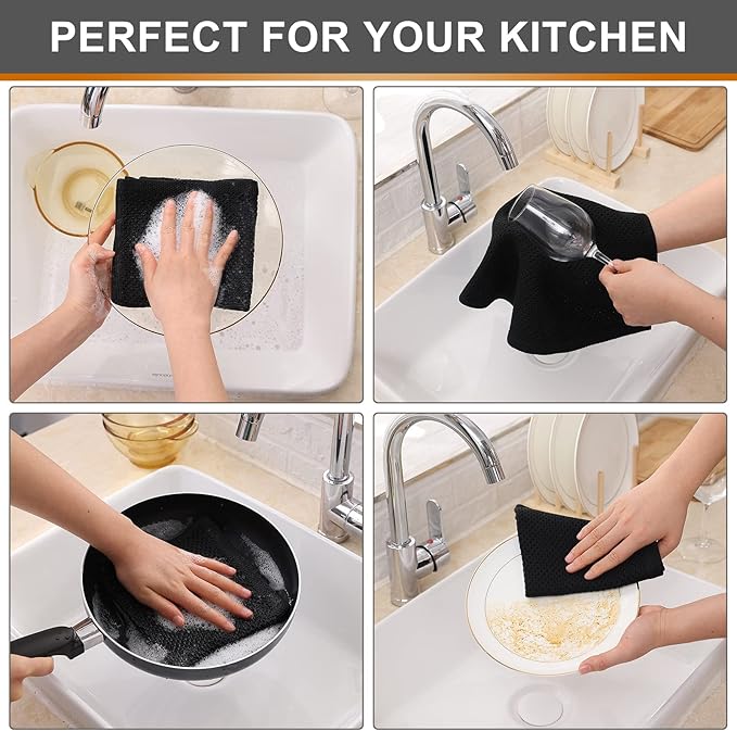 Kitinjoy 100% Cotton Kitchen Dish Cloths (12 X 12 Inches, Black), 8 Pack Waffle Weave Ultra Soft Absorbent Dish Towels for Drying Dishes Quick Drying Kitchen Towels Dish Rags
