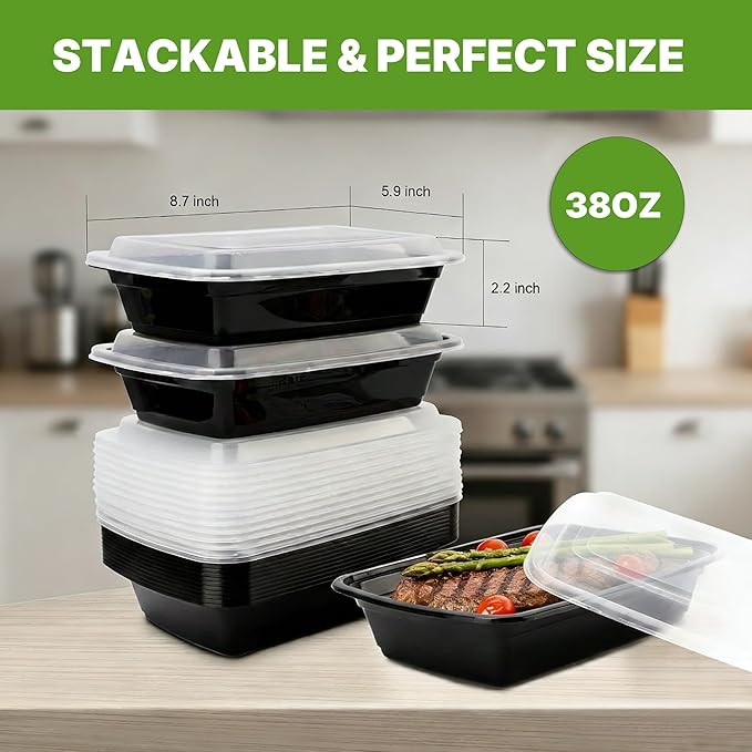 Meal Prep Containers with Lids, Reusable 38oz Rectangle Food Storage, Sturdy Leakproof & Food Safe, Microwave Freezer Dishwasher Safe, To-Go Takeout Plastic Containers, 50 Pack (100-Piece) – 60830