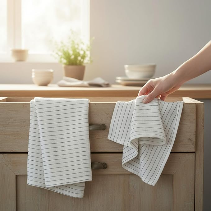 Eight Owls Stonewashed Linen Kitchen Dish Towels - 20 x 27 inch – 100% Pure Linen Tea Towel/Hand Towel - Set of 2 (Olive Pinstripe)