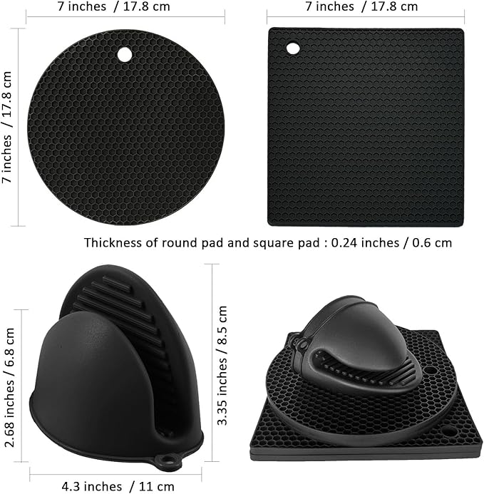 Silicone Trivet Pot Mat and Oven Mitts Sets | Heat Resistant Pot Holder and Mini Non-Slip & Flexible Oven Gloves for Kitchen Baking Cooking, Black