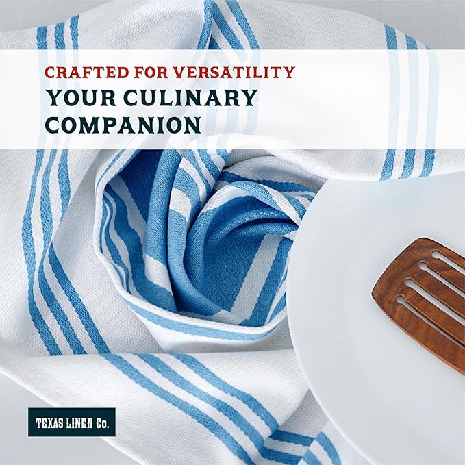 TEXAS LINEN CO. American Stripe Kitchen Towels 100% Cotton Pack of 6, Highly Absorbent Quick Drying, Soft Dish Towels 20x30 Inch for Kitchen w Hanging Loop, Hand & Tea Towel - Turquoise Blue & White